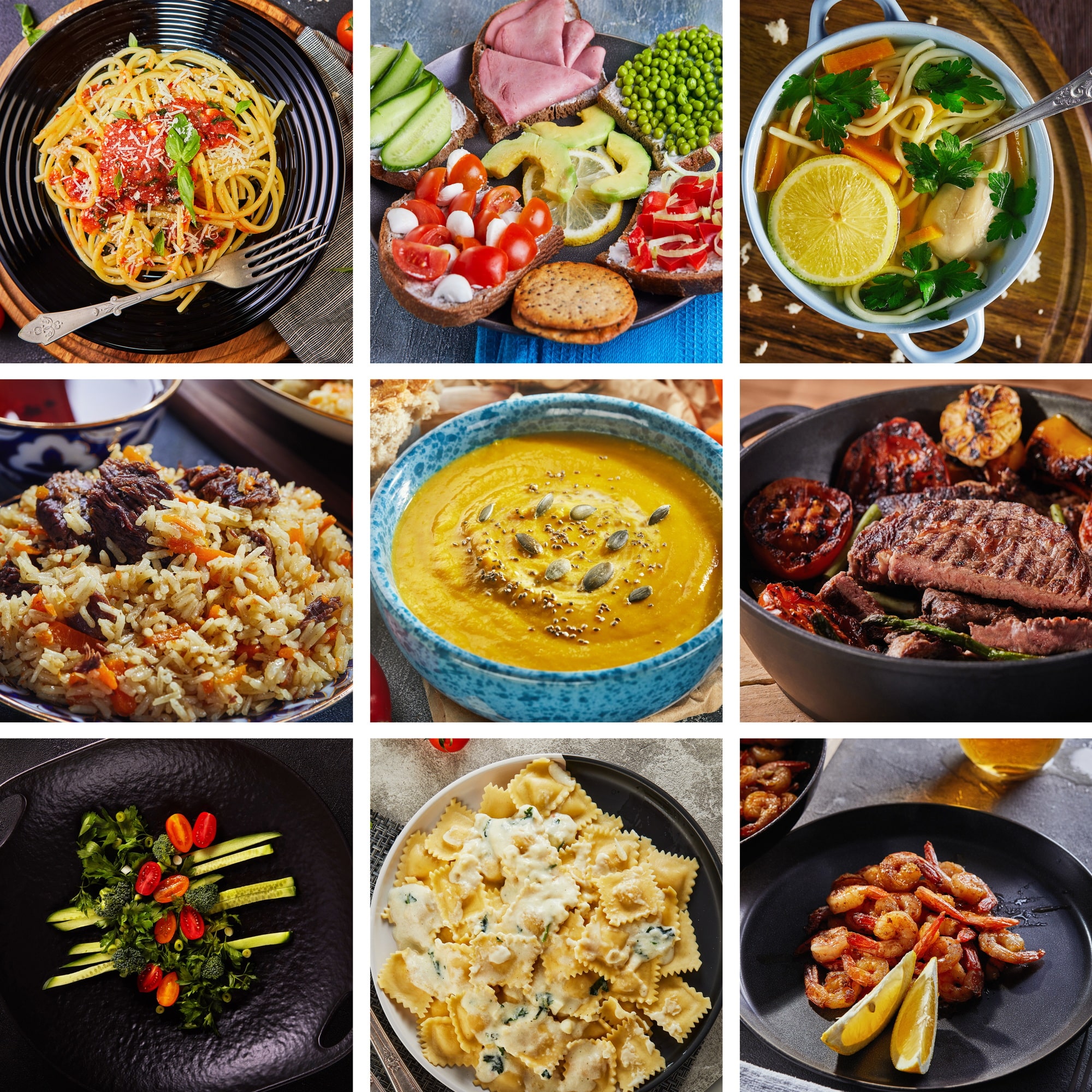 Collage of food photos with appetizers, hot and meat dishes